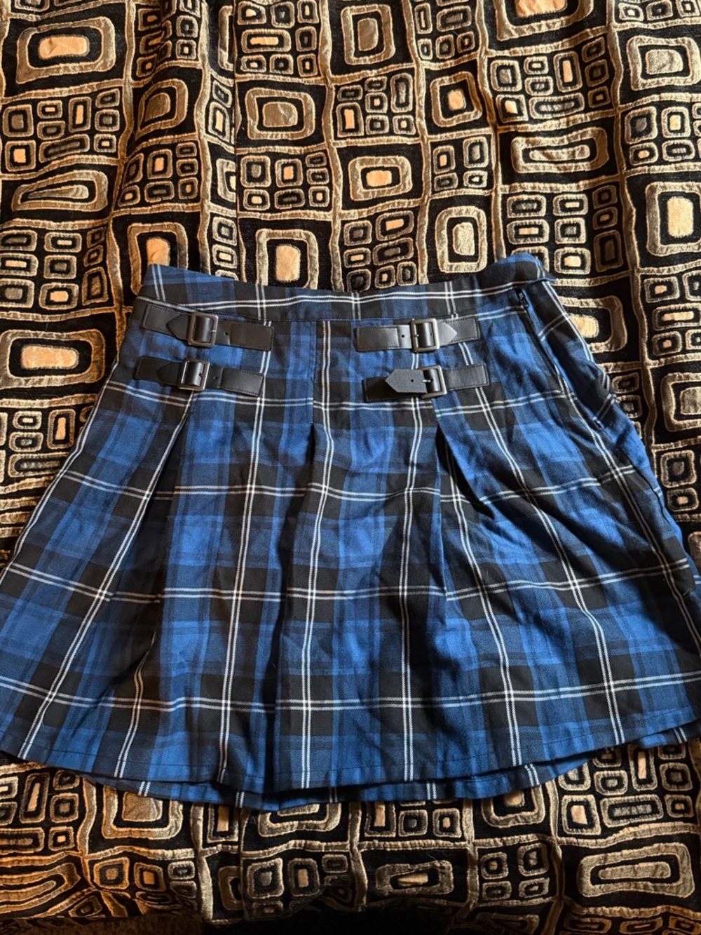 Hot Topic Blue and Black Plaid Skater Skirt with Buckle Straps
